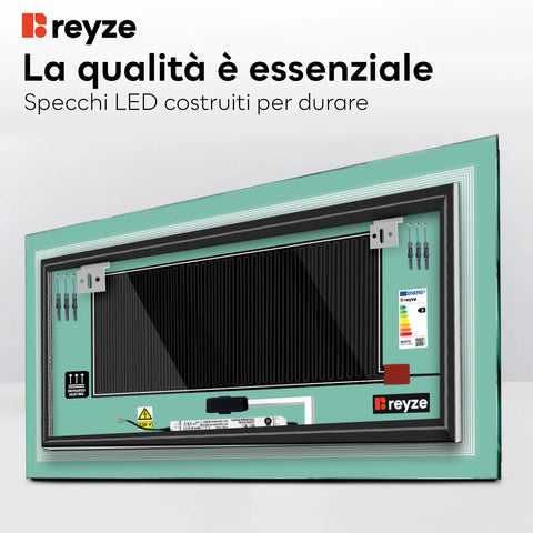 Specchio LED Rettangolare | Pulsanti touch | Funzione anti-appannamento | Temperatura di colore regolabile - Reyze Serie Minimal Modello 1