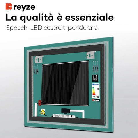 Specchio LED Quadrato | Pulsanti touch | Funzione anti-appannamento | Luce bianca fredda - Reyze Serie Minimal Modello 1