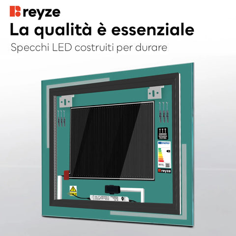 Specchio LED Quadrato | Pulsanti touch | Funzione anti-appannamento | Luce bianca fredda - Reyze Serie Minimal Modello 2