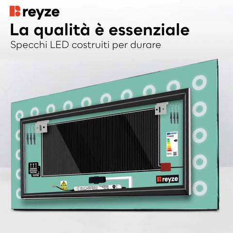 Specchio LED Rettangolare | Pulsanti touch | Funzione anti-appannamento | Luce bianca calda - Reyze Serie Minimal Modello 4
