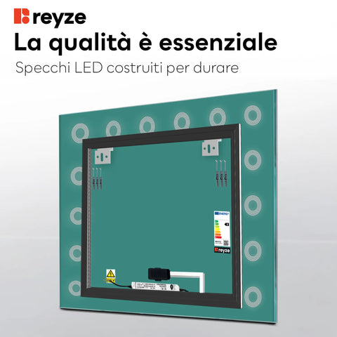 Specchio LED Quadrato | Pulsante touch | Luce bianca calda - Reyze Serie Minimal Modello 4
