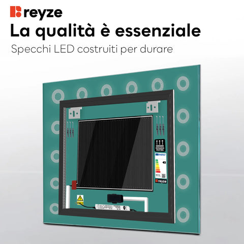 Specchio LED Quadrato | Pulsanti touch | Funzione anti-appannamento | Luce bianca fredda - Reyze Serie Minimal Modello 4