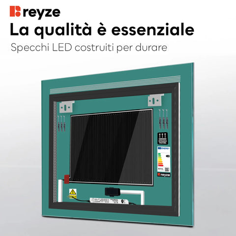 Specchio LED Quadrato | Pulsanti touch | Funzione anti-appannamento | Luce bianca fredda - Reyze Serie Minimal Modello 5