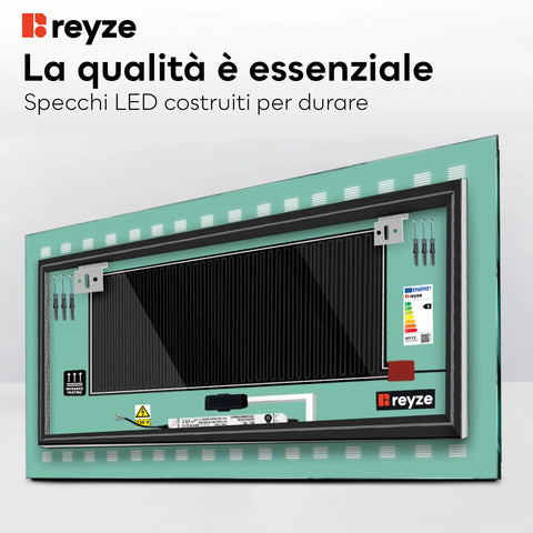 Specchio LED Rettangolare | Pulsanti touch | Funzione anti-appannamento | Temperatura di colore regolabile - Reyze Serie Minimal Modello 6