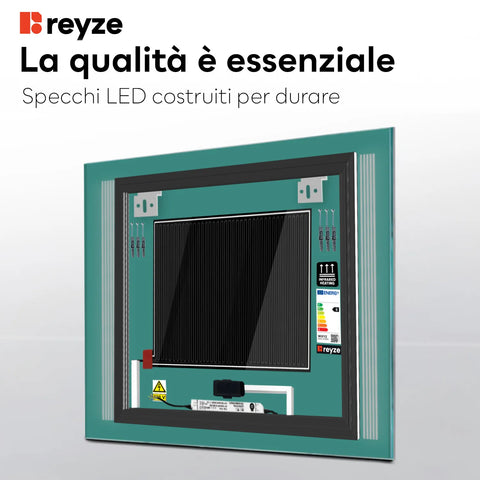 Specchio LED Quadrato | Pulsanti touch | Funzione anti-appannamento | Luce bianca calda - Reyze Serie Minimal Modello 7