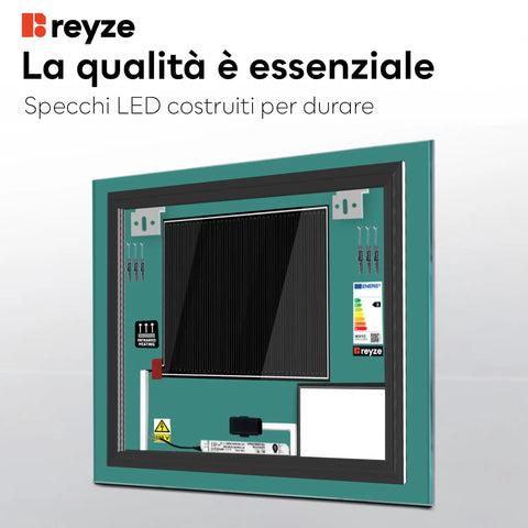 Specchio LED Quadrato | Pulsanti touch | Funzione anti-appannamento | Temperatura di colore regolabile - Reyze Serie Motivated Modello 1