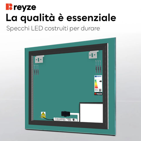 Specchio LED Quadrato | Pulsante touch | Luce bianca fredda - Reyze Serie Motivated Modello 3