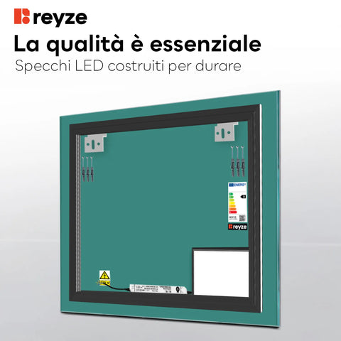 Specchio LED Quadrato | Controllo tramite interruttore a muro | Luce bianca fredda - Reyze Serie Motivated Modello 3