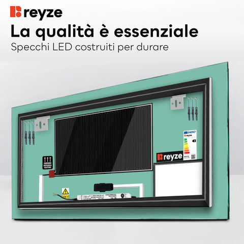 Specchio LED Rettangolare | Pulsanti touch | Funzione anti-appannamento | Luce bianca fredda - Reyze Serie Motivated Modello 4