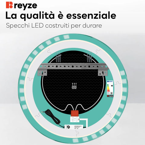 Specchio LED Rotondo | Pulsanti touch | Funzione anti-appannamento | Luce bianca neutra - Reyze Serie Edge Modello 6