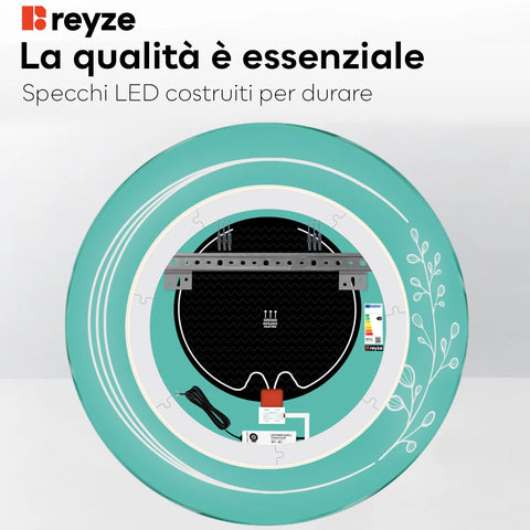 Specchio LED Rotondo | Pulsanti touch | Funzione anti-appannamento | Temperatura di colore regolabile - Reyze Serie Good Vibes Modello 3