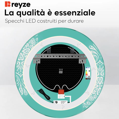 Specchio LED Rotondo | Pulsanti touch | Funzione anti-appannamento | Luce bianca fredda - Reyze Serie Good Vibes Modello 4