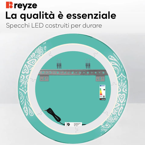 Specchio LED Rotondo | Controllo tramite interruttore a muro | Luce bianca calda - Reyze Serie Good Vibes Modello 4