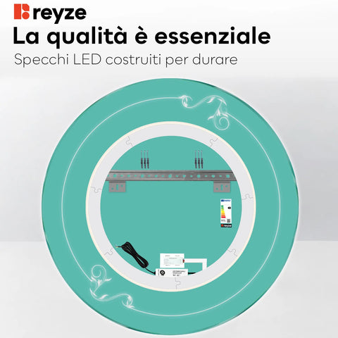 Specchio LED Rotondo | Pulsante touch | Luce bianca calda - Reyze Serie Good Vibes Modello 5