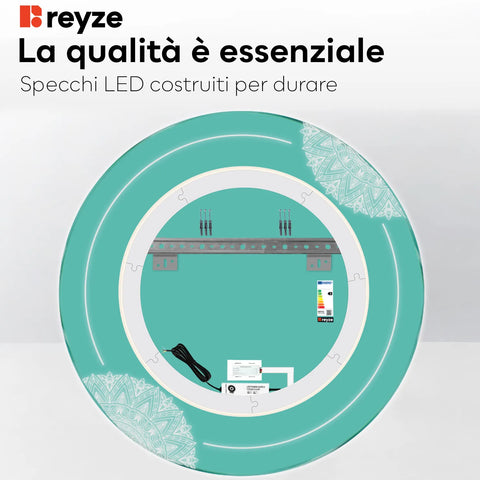 Specchio LED Rotondo | Pulsante touch | Luce bianca calda - Reyze Serie Good Vibes Modello 7