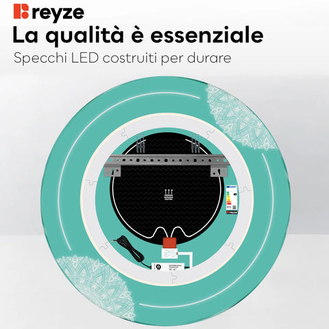 Specchio LED Rotondo | Pulsanti touch | Funzione anti-appannamento | Luce bianca calda - Reyze Serie Good Vibes Modello 7