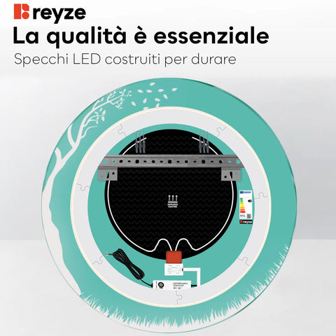 Specchio LED Rotondo | Pulsanti touch | Funzione anti-appannamento | Luce bianca calda - Reyze Serie Good Vibes Modello 8