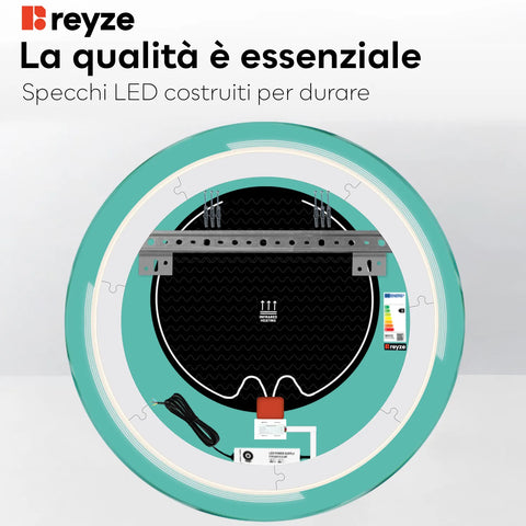 Specchio LED Rotondo | Pulsanti touch | Funzione anti-appannamento | Luce bianca calda - Reyze Serie Minimal Modello 2