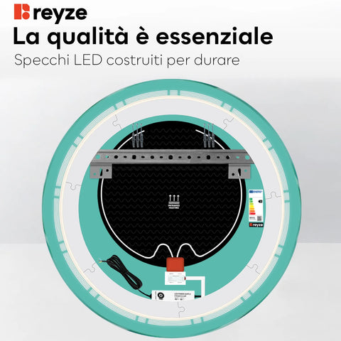 Specchio LED Rotondo | Pulsanti touch | Funzione anti-appannamento | Luce bianca neutra - Reyze Serie Minimal Modello 3