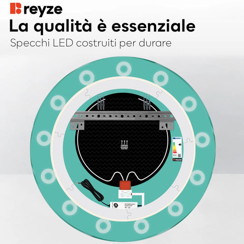 Specchio LED Rotondo | Pulsanti touch | Funzione anti-appannamento | Luce bianca calda - Reyze Serie Minimal Modello 4