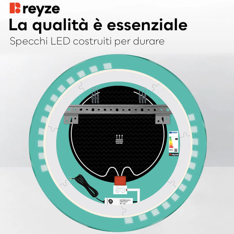 Specchio LED Rotondo | Pulsanti touch | Funzione anti-appannamento | Luce bianca fredda - Reyze Serie Minimal Modello 6
