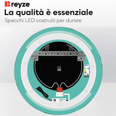 Specchio LED Rotondo | Pulsanti touch | Funzione anti-appannamento | Luce bianca calda - Reyze Serie Minimal Modello 8