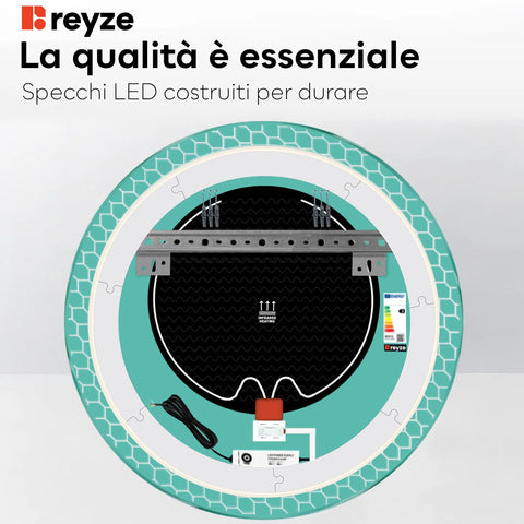 Specchio LED Rotondo | Pulsanti touch | Funzione anti-appannamento | Luce bianca calda - Reyze Serie Official Modello 7