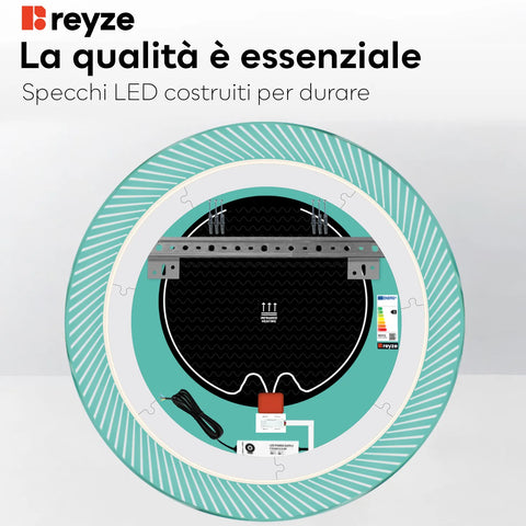 Specchio LED Rotondo | Pulsanti touch | Funzione anti-appannamento | Luce bianca calda - Reyze Serie Simetria Modello 7