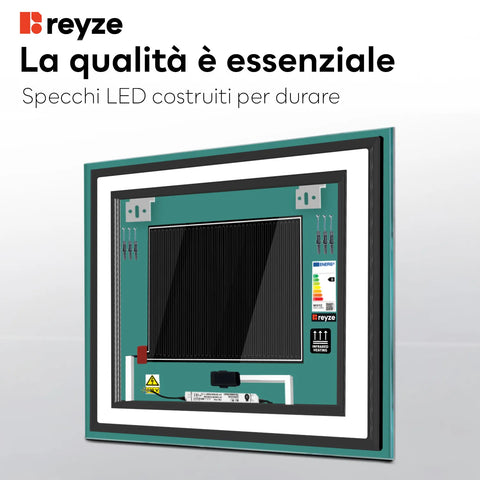 Specchio LED Quadrato | Pulsanti touch | Funzione anti-appannamento | Temperatura di colore regolabile - Reyze Serie Salono Modello 1