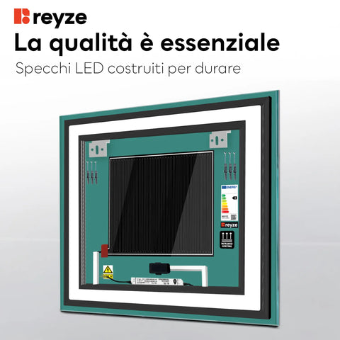 Specchio LED Quadrato | Pulsanti touch | Funzione anti-appannamento | Luce bianca calda - Reyze Serie Salono Modello 3
