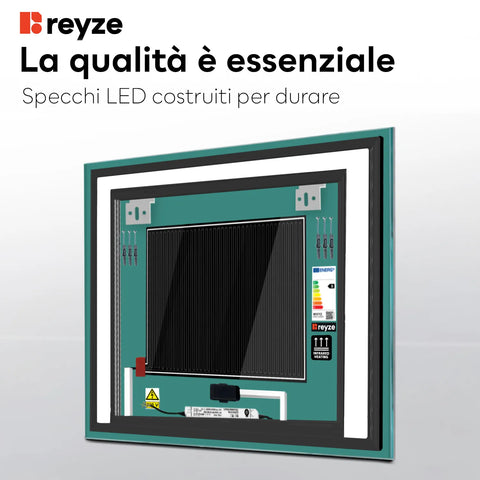 Specchio LED Quadrato | Pulsanti touch | Funzione anti-appannamento | Temperatura di colore regolabile - Reyze Serie Salono Modello 6
