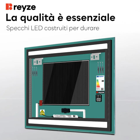 Specchio LED Quadrato | Pulsanti touch | Funzione anti-appannamento | Luce bianca calda - Reyze Serie Salono Modello 7