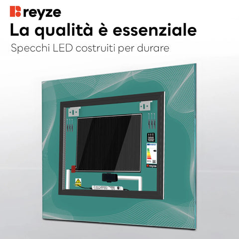Specchio LED Quadrato | Pulsanti touch | Funzione anti-appannamento | Luce bianca calda - Reyze Serie Simetria Modello 3
