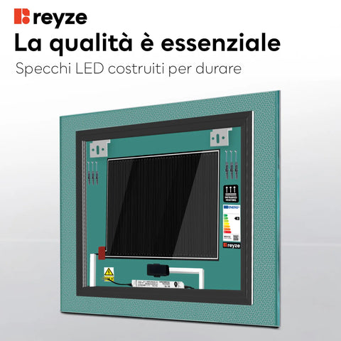 Specchio LED Quadrato | Pulsanti touch | Funzione anti-appannamento | Luce bianca calda - Reyze Serie Simetria Modello 4