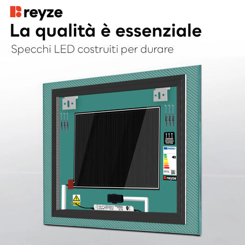 Specchio LED Quadrato | Pulsanti touch | Funzione anti-appannamento | Luce bianca calda - Reyze Serie Simetria Modello 7