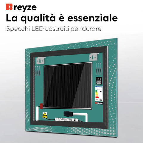Specchio LED Quadrato | Pulsanti touch | Funzione anti-appannamento | Luce bianca calda - Reyze Serie Simetria Modello 8
