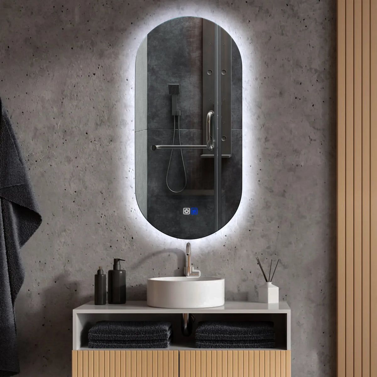 Specchio LED Ovale | Pulsanti touch | Funzione anti-appannamento | Luce bianca fredda - Reyze Serie Ambient Modello 1