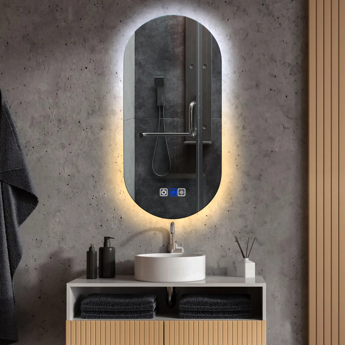 Specchio LED Ovale | Pulsanti touch | Funzione anti-appannamento | Temperatura di colore regolabile - Reyze Serie Ambient Modello 1