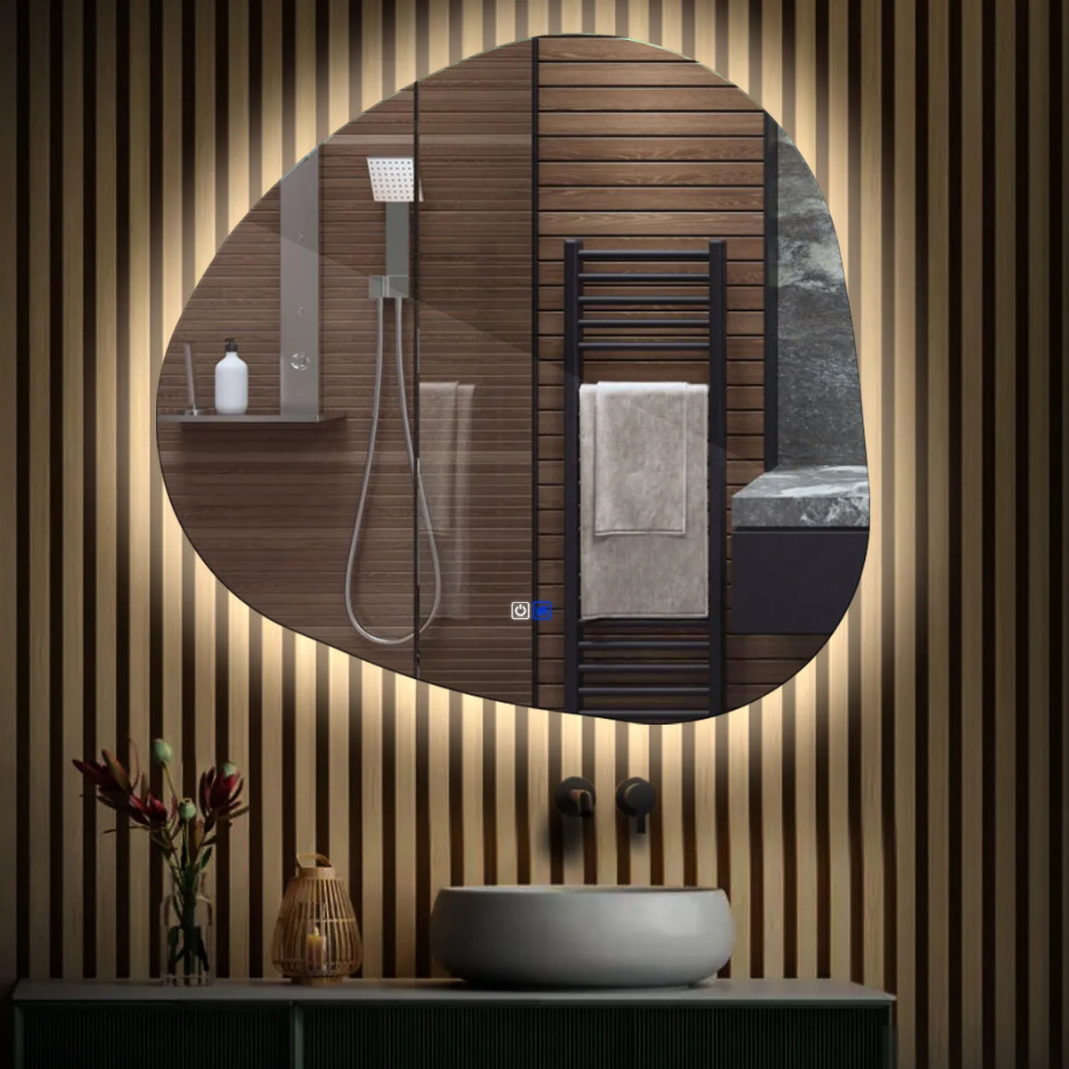 Specchio LED Asimmetrico | Pulsanti touch | Funzione anti-appannamento | Luce bianca neutra - Reyze Serie Ambient Modello 1