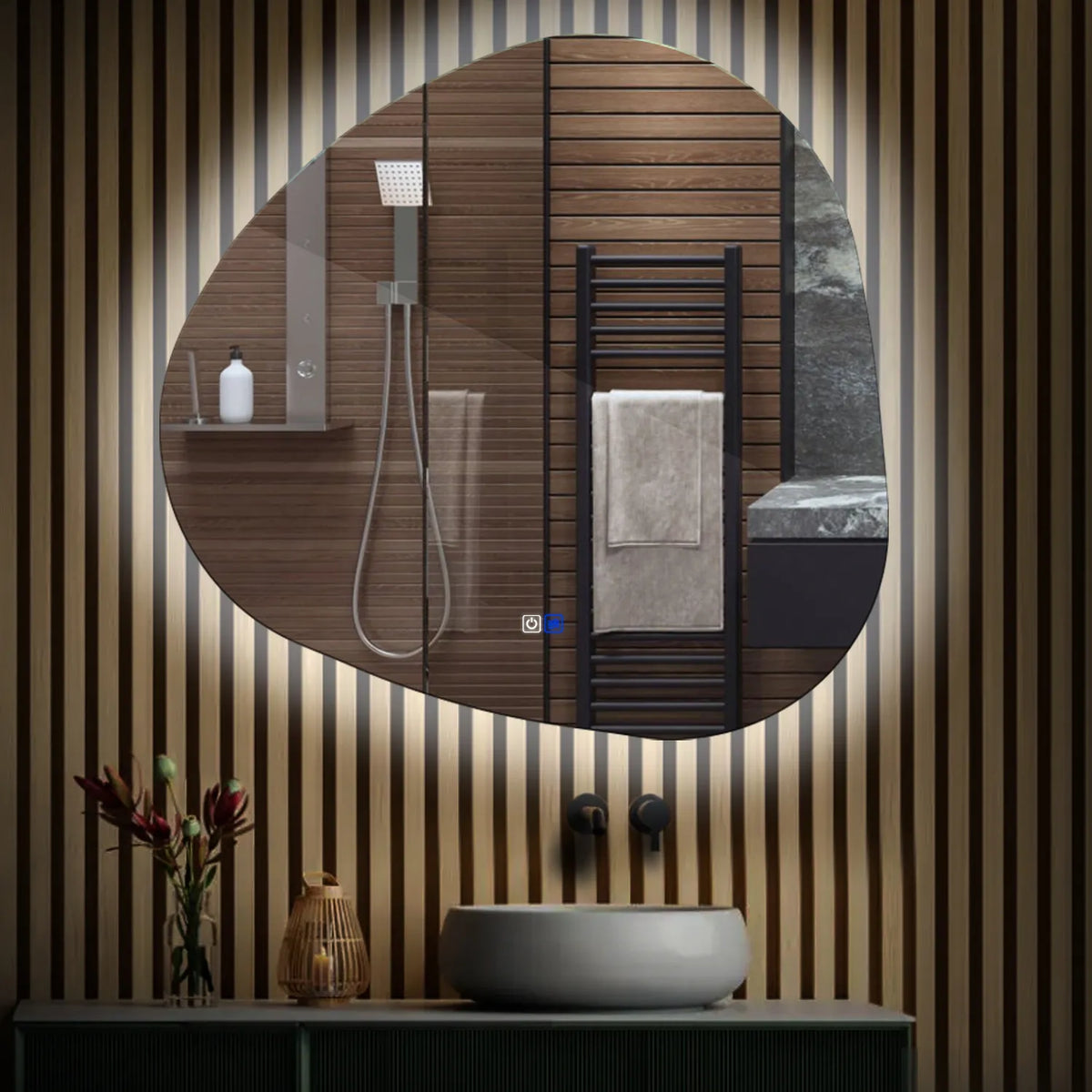 Specchio LED Asimmetrico | Pulsanti touch | Funzione anti-appannamento | Luce bianca fredda - Reyze Serie Ambient Modello 1