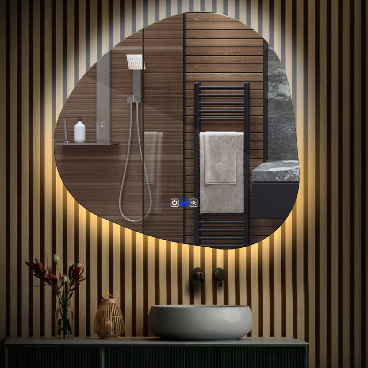 Specchio LED Asimmetrico | Pulsanti touch | Funzione anti-appannamento | Temperatura di colore regolabile - Reyze Serie Ambient Modello 1