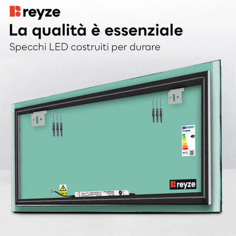 Specchio LED Rettangolare | Controllo tramite interruttore a muro | Luce bianca calda - Reyze Serie Edge Modello 7