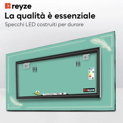 Specchio LED Rettangolare | Controllo tramite interruttore a muro | Luce bianca calda - Reyze Serie Good Vibes Modello 2