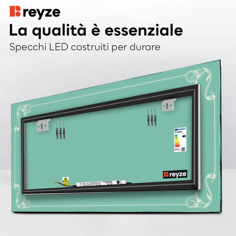 Specchio LED Rettangolare | Controllo tramite interruttore a muro | Luce bianca calda - Reyze Serie Good Vibes Modello 5