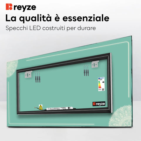Specchio LED Rettangolare | Controllo tramite interruttore a muro | Luce bianca calda - Reyze Serie Good Vibes Modello 7