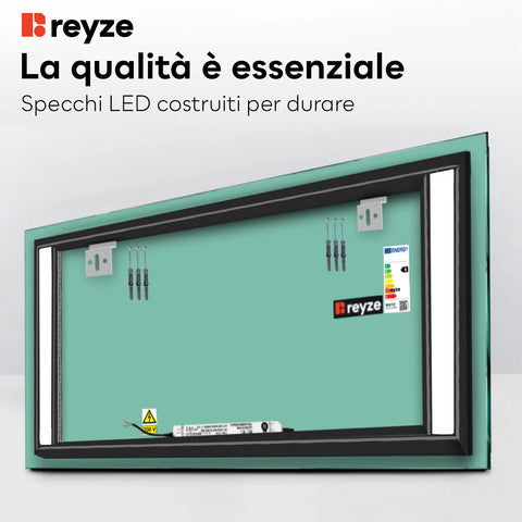 Specchio LED Rettangolare | Controllo tramite interruttore a muro | Luce bianca calda - Reyze Serie Salono Modello 8