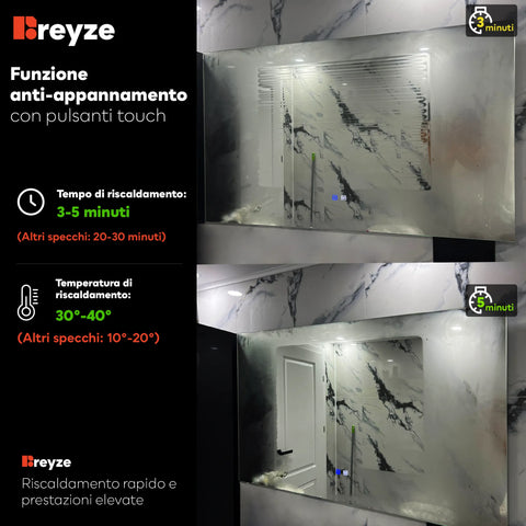 Specchio LED Verticale | Pulsanti touch | Funzione anti-appannamento | Luce bianca fredda - Reyze Serie Salono Modello 3