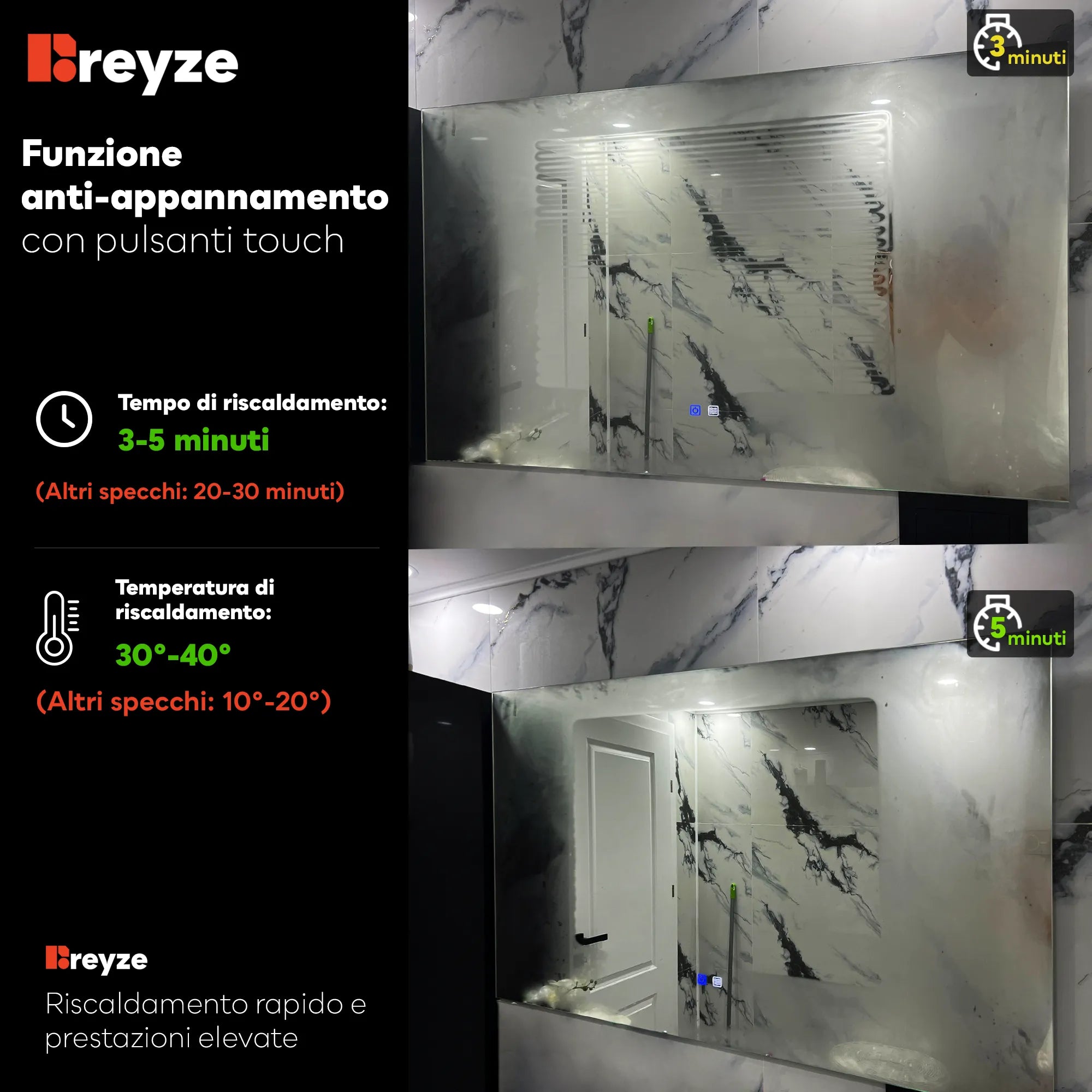 Specchio LED Rotondo | Pulsanti touch | Funzione anti-appannamento | Temperatura di colore regolabile - Reyze Serie Edge Modello 3