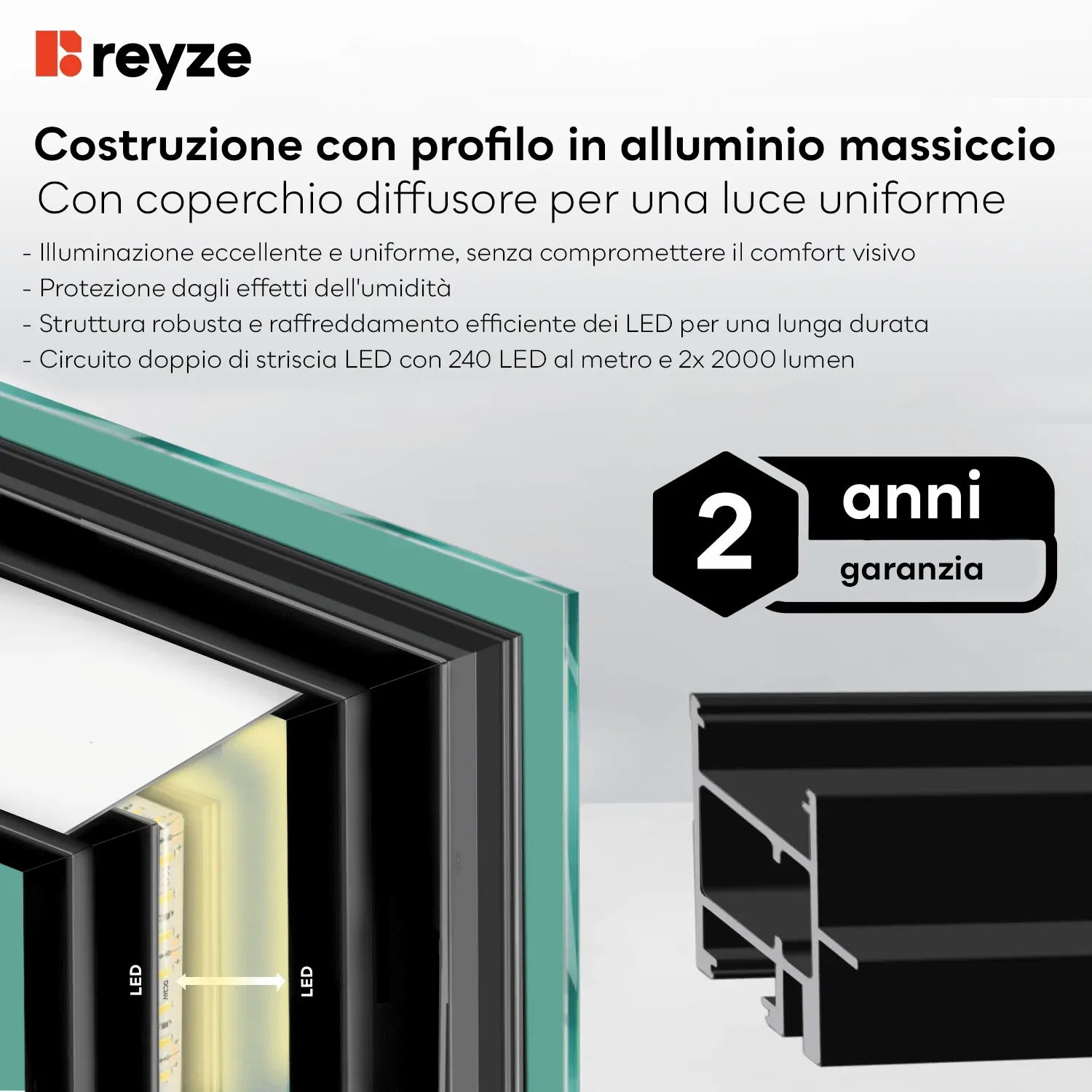Specchio LED Quadrato | Pulsanti touch | Funzione anti-appannamento | Temperatura di colore regolabile - Reyze Serie Salono Modello 8