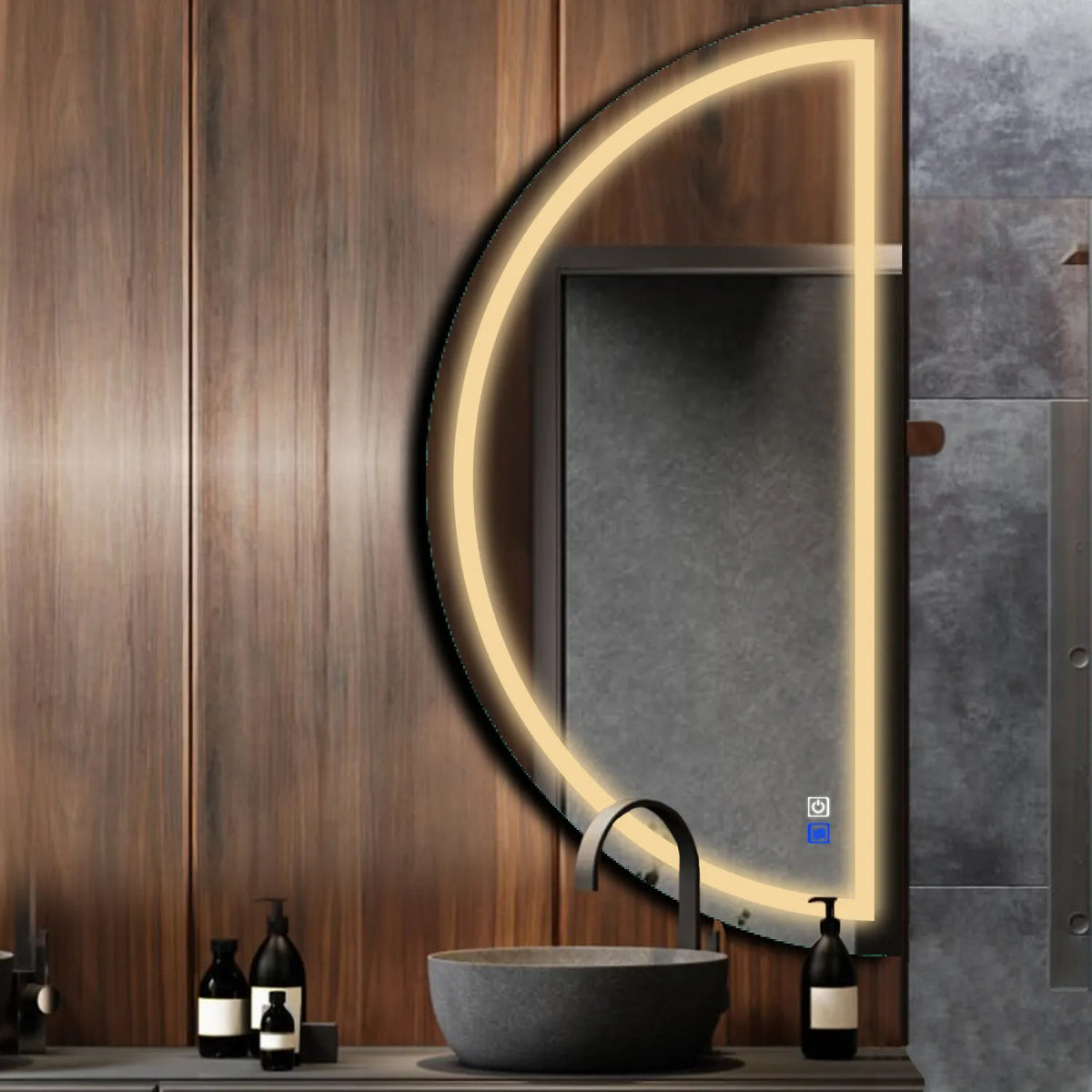 Specchio LED Mezza Luna | Pulsanti touch | Funzione anti-appannamento | Luce bianca calda - Reyze Serie Salono Modello 1 - Lato Destro